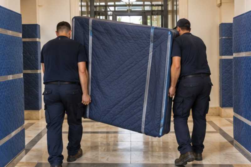 Un sommier double sous housse zippée, dans le hall d'une résidence aux murs protégés par des panneaux de déménagement, déménagement de Paris vers la Bosnie-Herzégovine