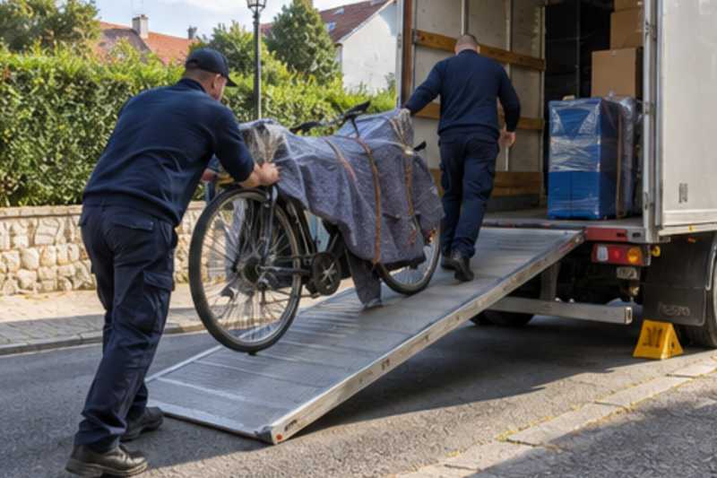 Un vélo de ville sous couverture de déménagement, dans une rue en pente de banlieue pavillonnaire, déménagement de Paris vers la Bosnie-Herzégovine