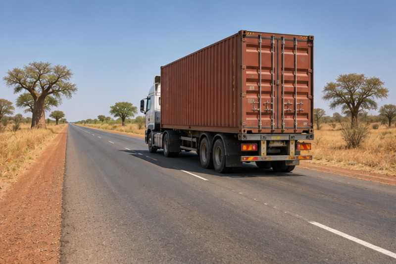 Sur une route goudronnée droite traversant une savane sèche sous un ciel bleu sans nuage, déménagement de Paris vers le Burkina Faso