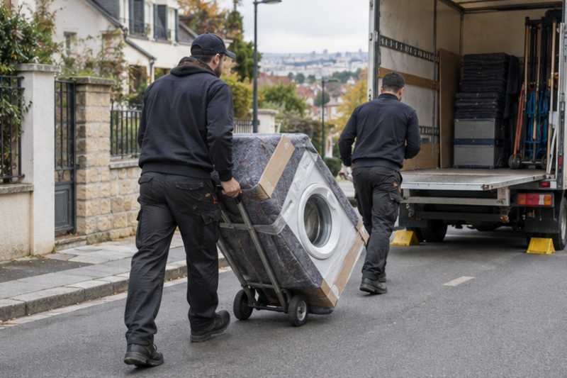 Un lave-linge sur un diable sous carton plat et couverture épaisse, dans une rue en pente de banlieue pavillonnaire, déménagement de Paris vers le Burkina Faso