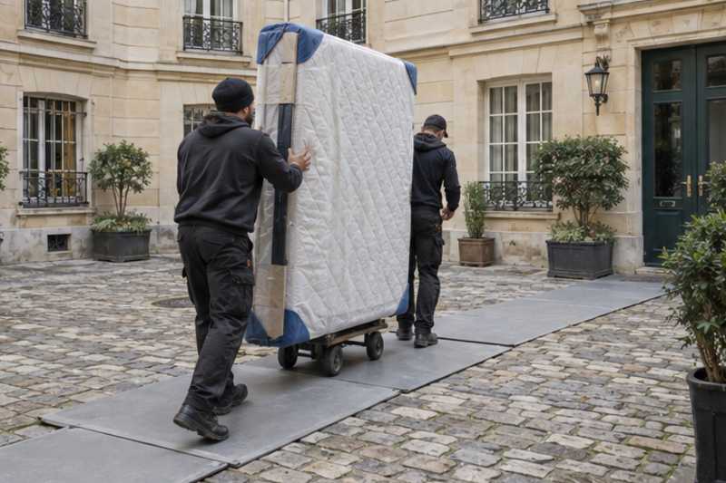 Un grand matelas debout avec protections d'angles, dans la cour pavée d'un immeuble ancien d'Île-de-France, déménagement de Paris vers le Burkina Faso