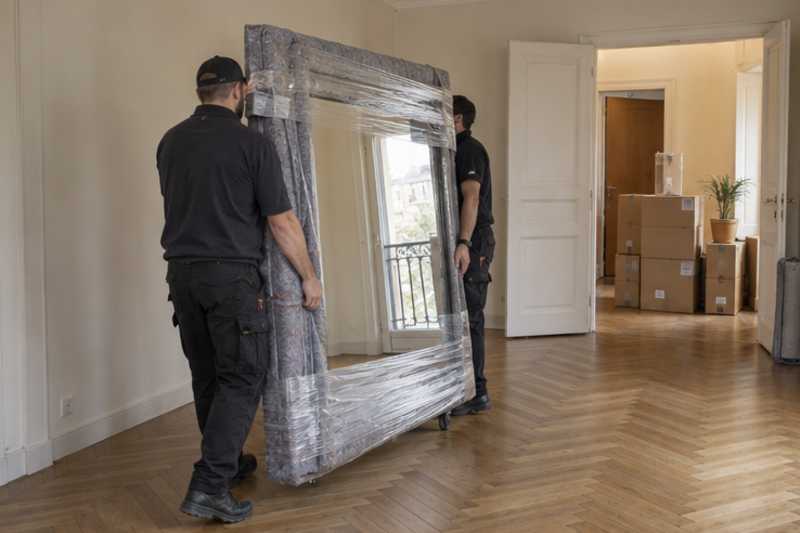Un grand miroir encadré tenu debout sous feutrine et film étirable, dans un appartement presque vide, déménagement de Paris vers le Burkina Faso