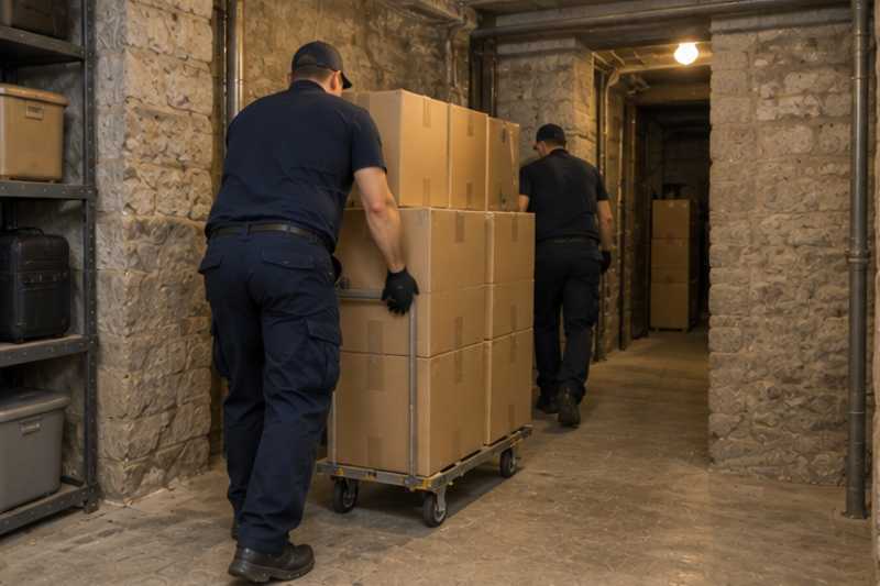 Une pile de cartons de déménagement fermés, dans une cave d'immeuble aux murs de pierre, déménagement de Paris vers le Burkina Faso