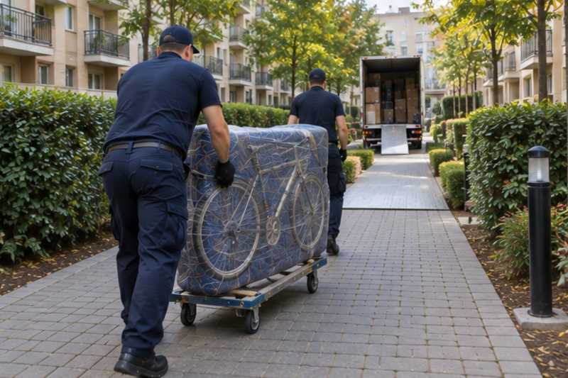 Un vélo de ville sous couvertures capitonnées et film étirable, sur une longue allée piétonne de résidence, déménagement de Paris vers le Burkina Faso