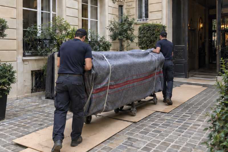 Un canapé convertible sous couverture de déménagement, dans la cour pavée d'un immeuble ancien d'Île-de-France, déménagement de Paris vers le Cambodge