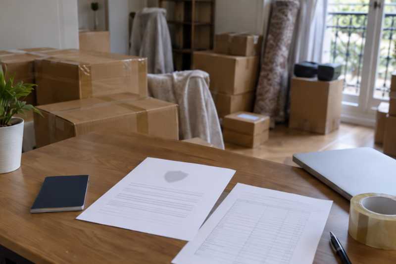 Une table de bureau dans un appartement en cours d'emballage, déménagement de Paris vers le Cambodge