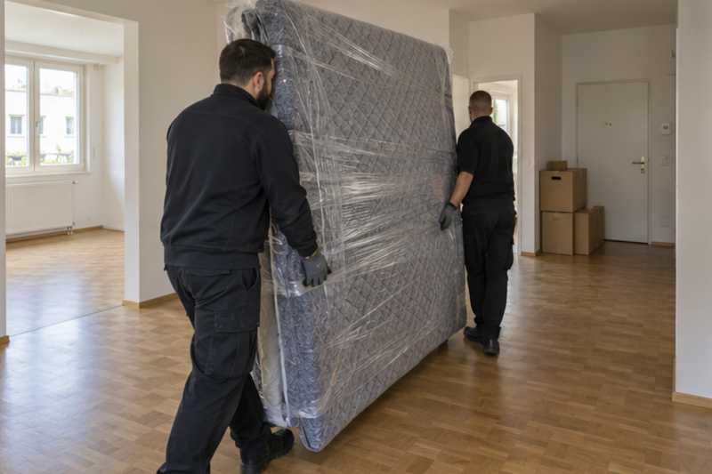 Un grand matelas debout sous couvertures capitonnées et film étirable, dans un appartement presque vide, déménagement de Paris vers le Cambodge