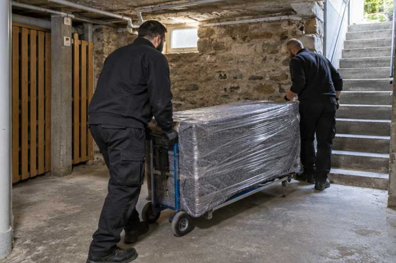 Un meuble TV bas sous feutrine et film étirable, dans une cave d'immeuble aux murs de pierre, déménagement de Paris vers le Cambodge