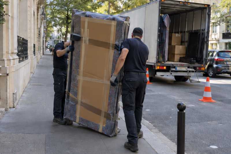 Un grand miroir encadré tenu debout sous carton plat et couverture épaisse, sur le trottoir d'une rue d'Île-de-France, déménagement de Paris vers le Cambodge