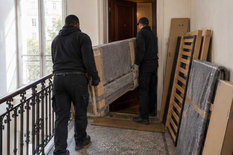 Un canapé convertible sous carton plat et couverture épaisse, sur un palier d'appartement près d'une porte étroite, déménagement de Paris vers le Costa Rica