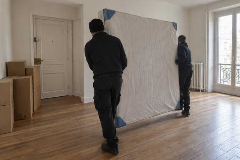 Un grand matelas debout avec protections d'angles, dans un appartement presque vide, déménagement de Paris vers le Costa Rica