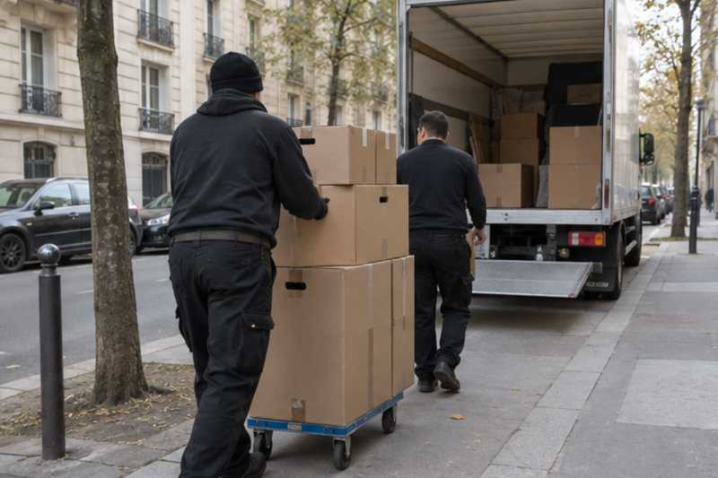 Une pile de cartons de déménagement fermés, sur le trottoir d'une rue d'Île-de-France, déménagement de Paris vers le Costa Rica
