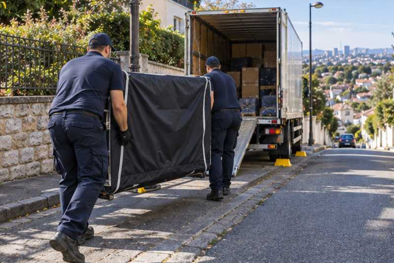 Un grand téléviseur écran plat sous housse zippée, dans une rue en pente de banlieue pavillonnaire, déménagement de Paris vers le Costa Rica