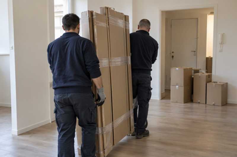 Une armoire démontée en panneaux sous carton épais et ruban adhésif, dans un appartement presque vide, déménagement de Paris vers Cuba