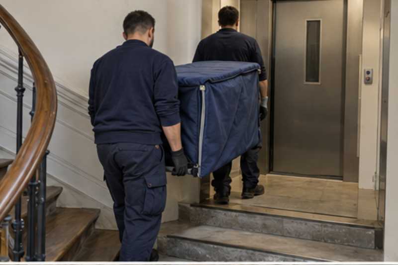 Un bureau compact sous housse zippée, dans une cage d'escalier d'immeuble, déménagement de Paris vers Cuba