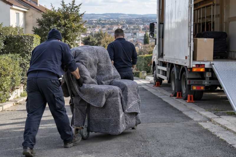 Un fauteuil releveur sous couverture de déménagement, dans une rue en pente de banlieue pavillonnaire, déménagement de Paris vers Cuba