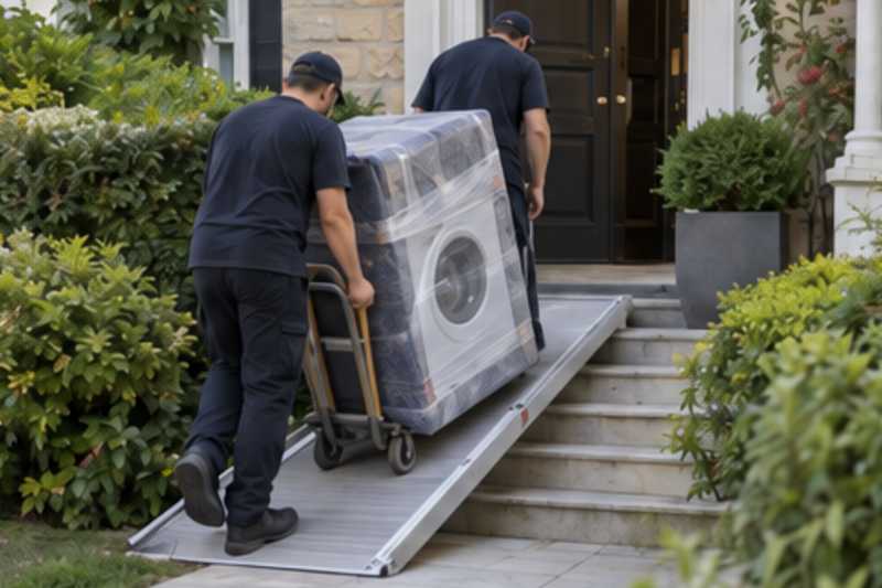 Un lave-linge sur un diable sous feutrine et film étirable, devant l'entrée d'une maison de banlieue, déménagement de Paris vers Cuba