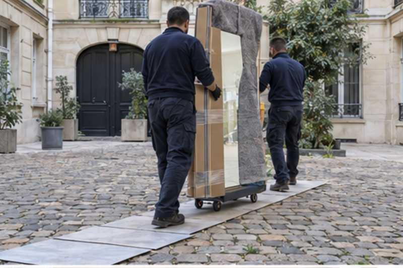 Un grand miroir encadré tenu debout sous carton plat et couverture épaisse, dans la cour pavée d'un immeuble ancien d'Île-de-France, déménagement de Paris vers Cuba