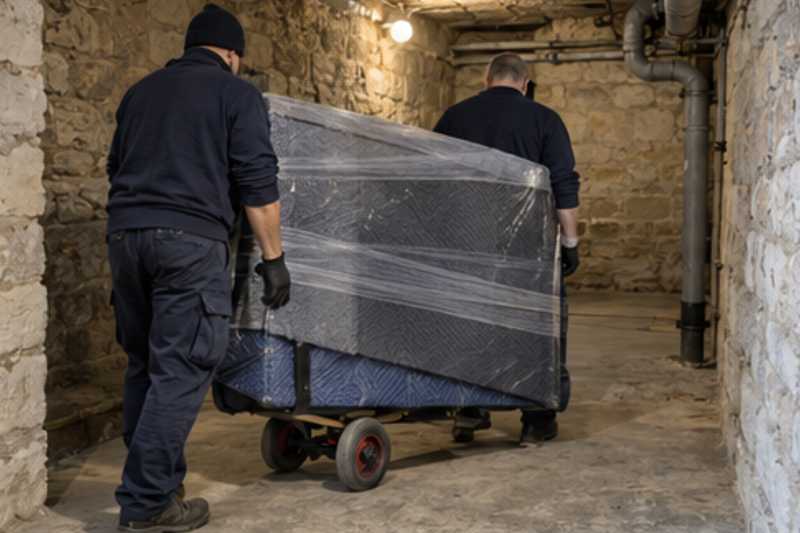 Un grand téléviseur écran plat sous couvertures capitonnées et film étirable, dans une cave d'immeuble aux murs de pierre, déménagement de Paris vers Cuba