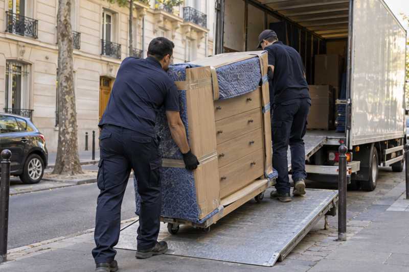 Une commode à six tiroirs sous carton plat et couverture épaisse, sur le trottoir d'une rue d'Île-de-France, déménagement de Paris vers Djibouti