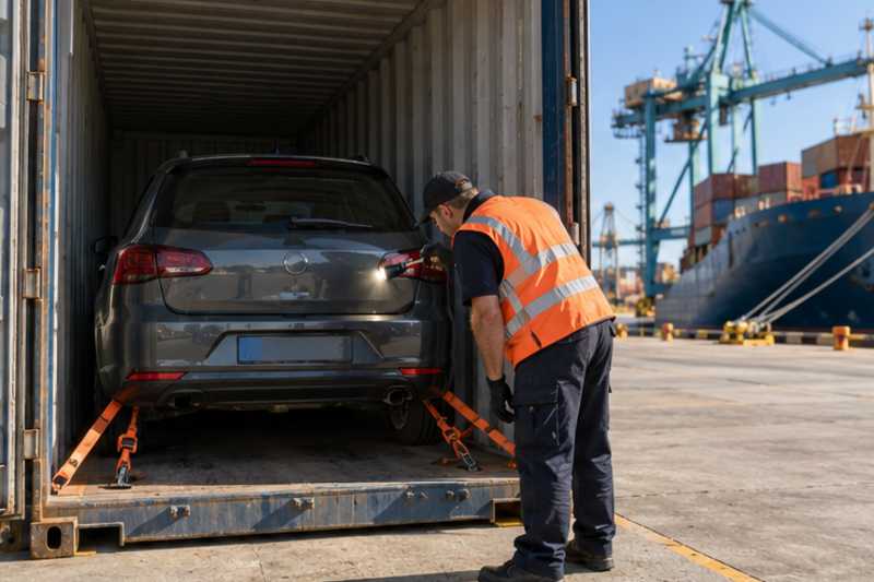 Sur un quai portuaire baigné de soleil, déménagement de Paris vers Djibouti