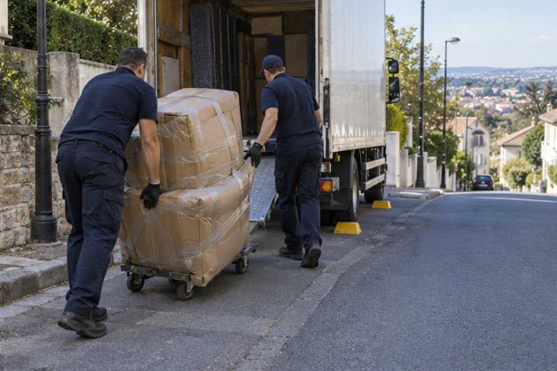 Un fauteuil releveur sous carton épais et ruban adhésif, dans une rue en pente de banlieue pavillonnaire, déménagement de Paris vers Djibouti