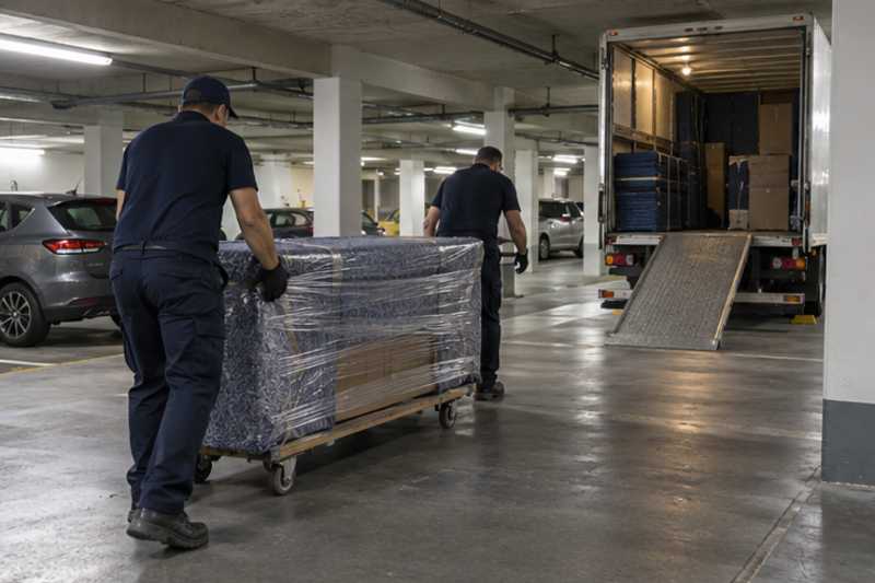 Un meuble TV bas sous feutrine et film étirable, dans un parking souterrain de résidence, déménagement de Paris vers Djibouti