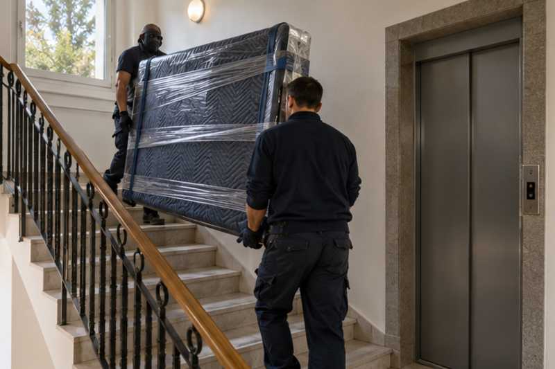 Un sommier double sous couvertures capitonnées et film étirable, dans une cage d'escalier d'immeuble, déménagement de Paris vers Djibouti