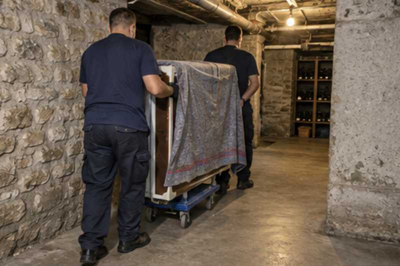 Un bureau compact sous couverture de déménagement, dans une cave d'immeuble aux murs de pierre, déménagement de Paris vers les Fidji