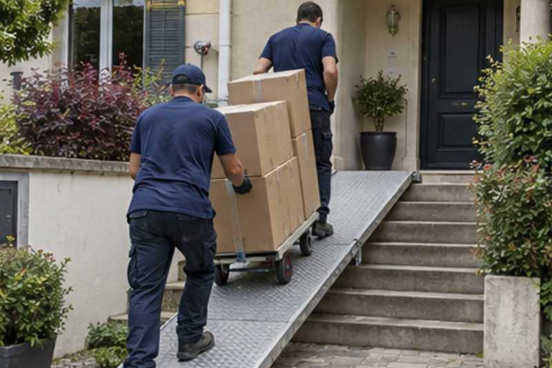 Une pile de cartons de déménagement fermés, devant l'entrée d'une maison de banlieue, déménagement de Paris vers les Fidji