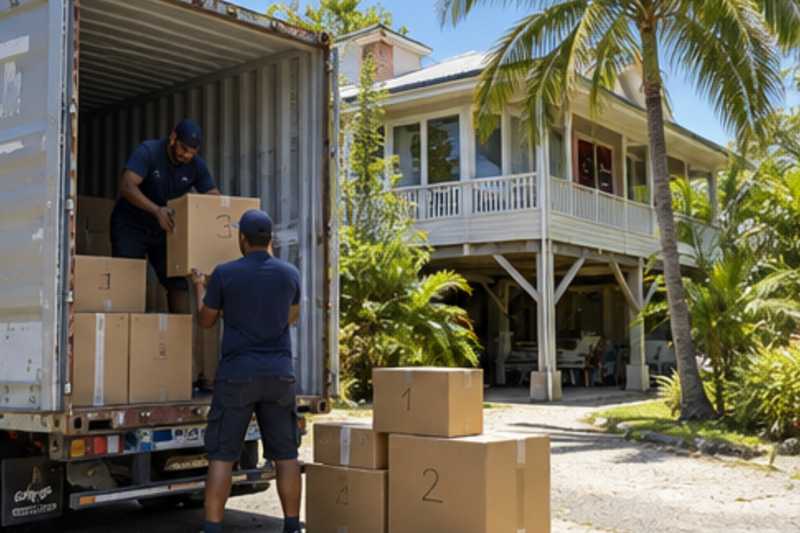 Des déménageurs déchargent des cartons numérotés d'un conteneur ouvert devant une maison tropicale sur pilotis, déménagement de Paris vers les Fidji