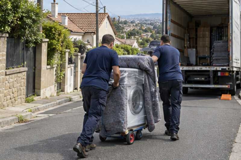 Un lave-linge sur un diable sous couverture de déménagement, dans une rue en pente de banlieue pavillonnaire, déménagement de Paris vers les Fidji