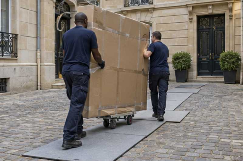 Un grand matelas debout sous carton épais et ruban adhésif, dans la cour pavée d'un immeuble ancien d'Île-de-France, déménagement de Paris vers les Fidji