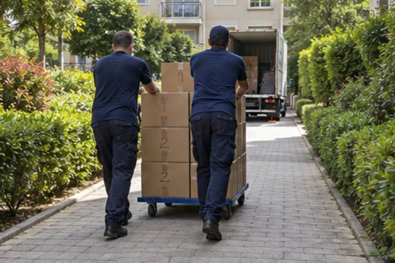 Une pile de cartons de déménagement fermés, sur une longue allée piétonne de résidence, déménagement de Paris vers les Fidji