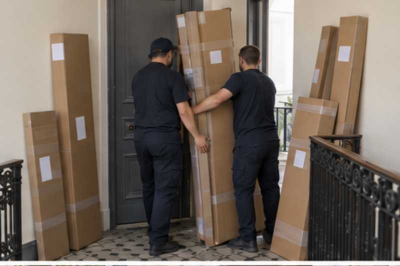 Les montants d'une bibliothèque démontée sous carton épais et ruban adhésif, sur un palier d'appartement près d'une porte étroite, déménagement de Paris vers la Géorgie