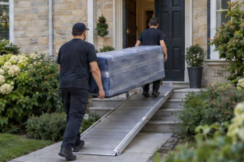 Un buffet bas sous couvertures capitonnées et film étirable, devant l'entrée d'une maison de banlieue, déménagement de Paris vers la Géorgie