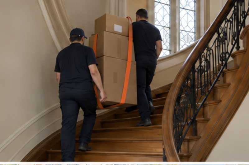 Une pile de cartons de déménagement fermés, dans un escalier tournant en bois d'immeuble ancien, déménagement de Paris vers la Géorgie