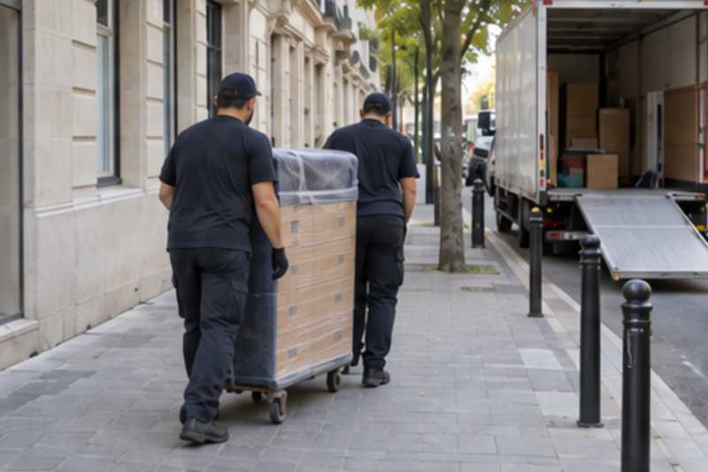 Une commode à six tiroirs sous couverture de déménagement, sur le trottoir d'une rue d'Île-de-France, déménagement de Paris vers la Géorgie