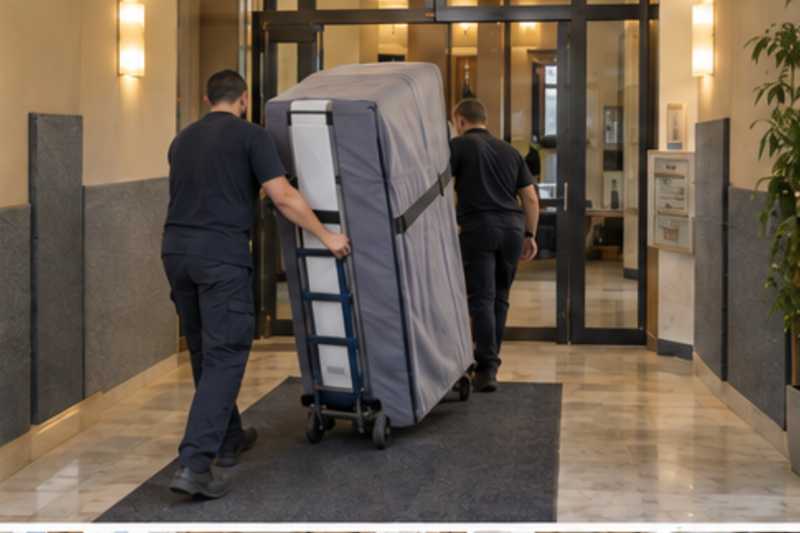 Un réfrigérateur combiné sur un diable sous housse zippée, dans le hall d'une résidence aux murs protégés par des panneaux de déménagement, déménagement de Paris vers la Géorgie