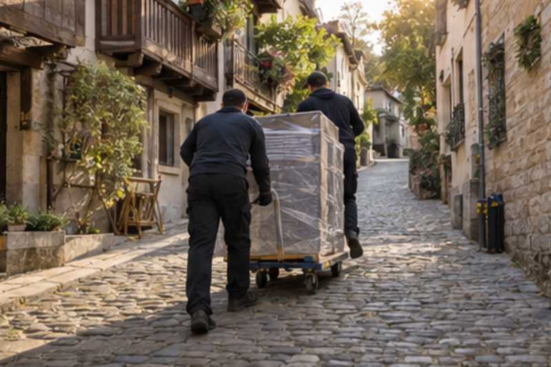 Deux déménageurs poussent un chariot chargé d'un meuble emballé dans une ruelle pavée bordée de maisons anciennes à balcons en bois, déménagement de Paris vers la Géorgie