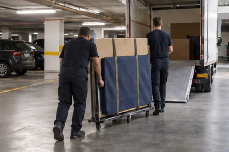 Un grand téléviseur écran plat sous carton plat et couverture épaisse, dans un parking souterrain de résidence, déménagement de Paris vers la Géorgie