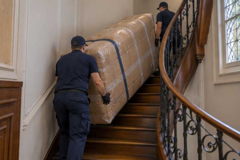 Un canapé trois places sous carton épais et ruban adhésif, dans un escalier tournant en bois d'immeuble ancien, déménagement de Paris vers la Guinée