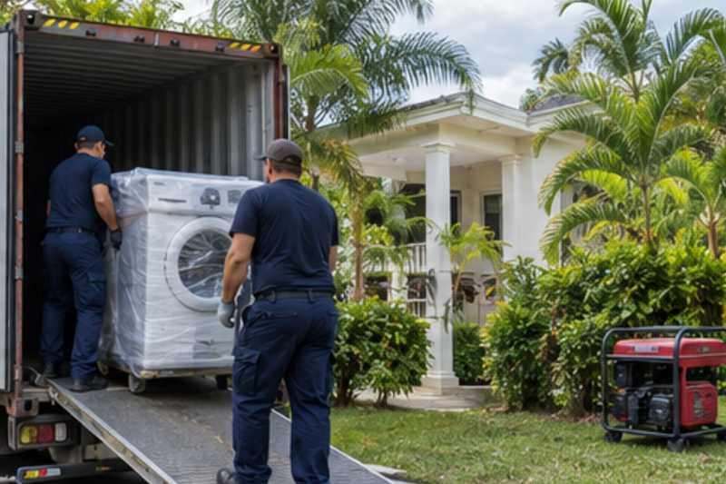 Devant une villa blanche entourée de végétation tropicale très verte, déménagement de Paris vers la Guinée équatoriale
