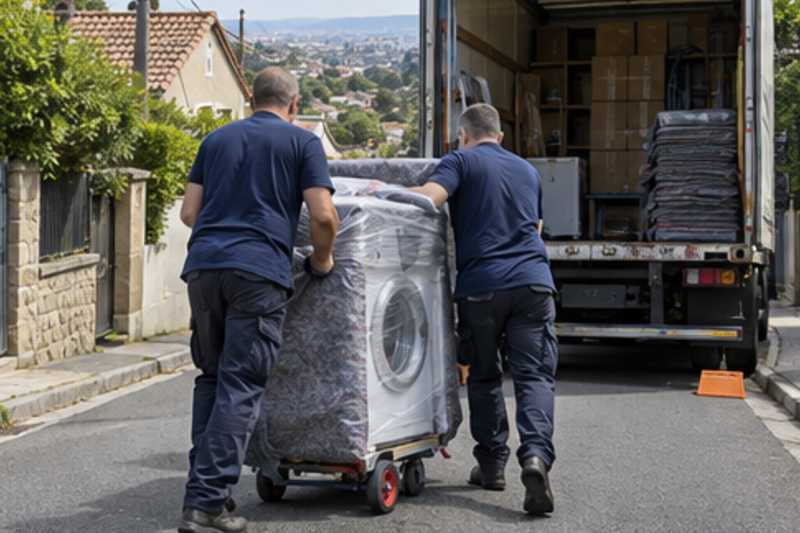 Un lave-linge sur un diable sous feutrine et film étirable, dans une rue en pente de banlieue pavillonnaire, déménagement de Paris vers la Guinée équatoriale
