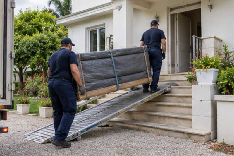 Les éléments d'un lit double démonté sous housse zippée, devant l'entrée d'une maison de banlieue, déménagement de Paris vers la Guinée équatoriale