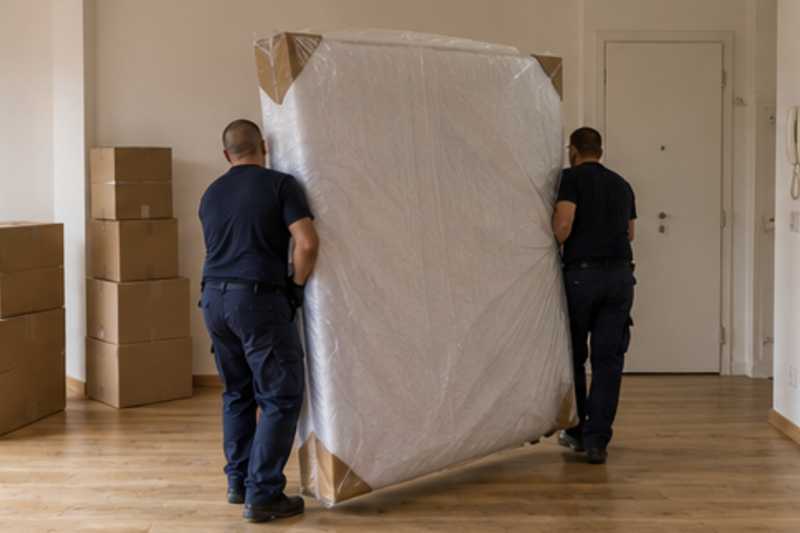 Un grand matelas debout avec protections d'angles, dans un appartement presque vide, déménagement de Paris vers la Guinée équatoriale