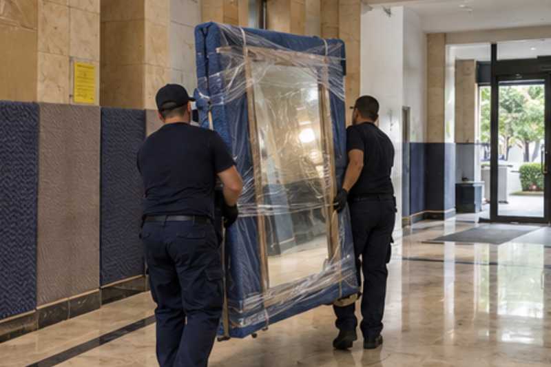 Un grand miroir encadré tenu debout sous couvertures capitonnées et film étirable, dans le hall d'une résidence aux murs protégés par des panneaux de déménagement, déménagement de Paris vers la Guinée équatoriale