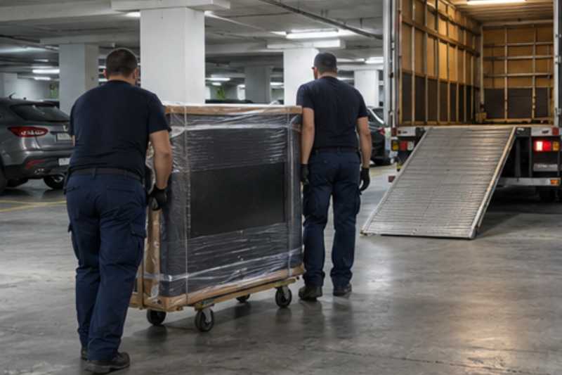 Un grand téléviseur écran plat sous carton plat et couverture épaisse, dans un parking souterrain de résidence, déménagement de Paris vers la Guinée équatoriale