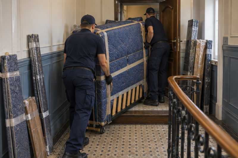 Les éléments d'un lit double démonté sous housse matelassée et sangles, sur un palier d'appartement près d'une porte étroite, déménagement de Paris vers la Guinée