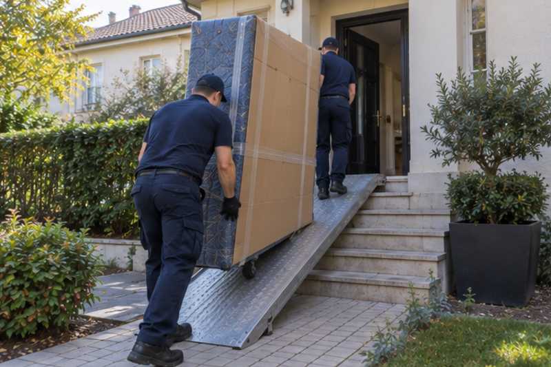 Un grand matelas debout sous carton plat et couverture épaisse, devant l'entrée d'une maison de banlieue, déménagement de Paris vers la Guinée